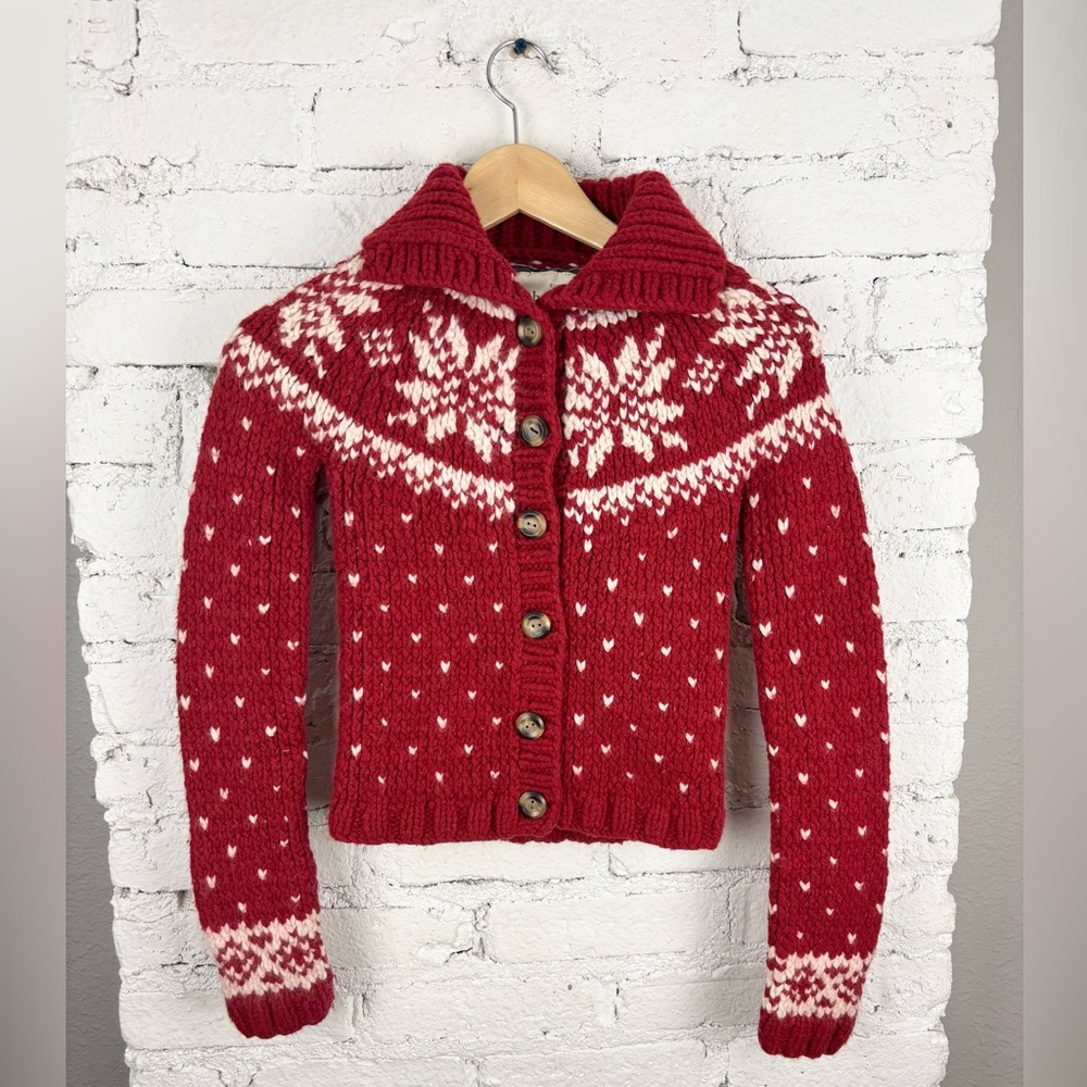 Abercrombie & Fitch Y2K Red Snowflake Fair Isle Nordic Heart Sweater Cardigan S